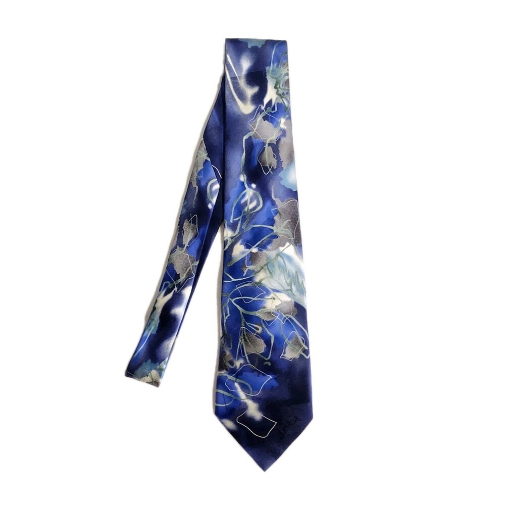 J Garcia Tie Banyan Watercolor Deep Royal Blue Grey Silver 100% Silk Abstract